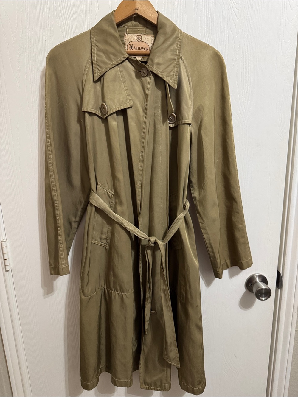 Vintage Alhaven Trench Rain Coat Belted Khaki Olive Size 14 Mid Century Retro